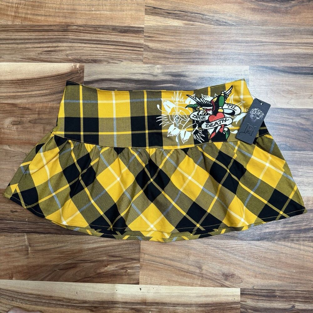 Ed Hardy True Til Death Plaid Flare Mini Skirt Yellow Black Sz L Goth Grunge Y2K